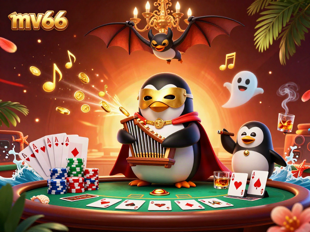 Engage with mv66's vibrant casino scene featuring a penguin playing a golden pipe organ amidst poker elements.