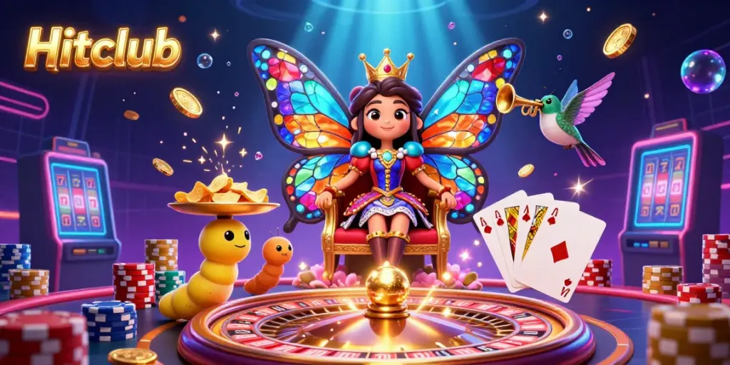 Players enjoy the casino magic of Hitclub with vibrant illustrations of games and fortune elements.