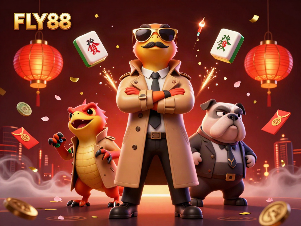 Experience FLY88's thrilling atmosphere with raptors and a bulldog bouncer in a vibrant casino scene.