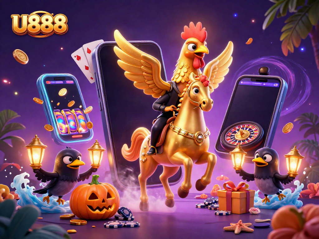 Experience the vibrant U888 casino world with a golden rooster and mystical companions in action.