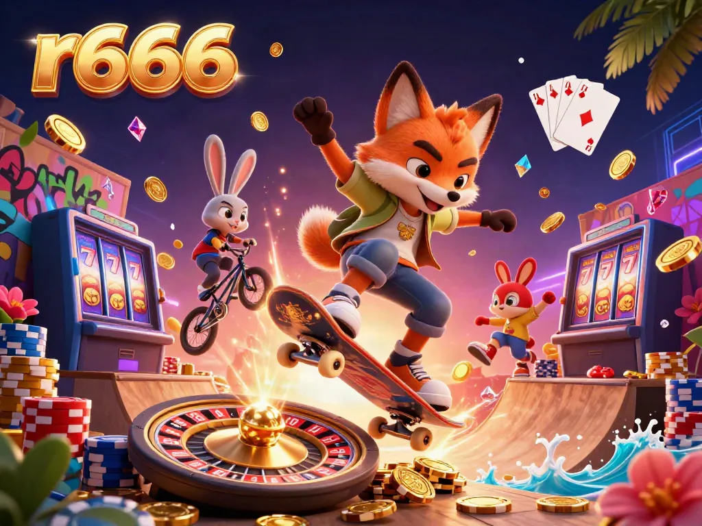 Experience thrilling gaming at r666 with vibrant illustrations of fox skateboarders and casino elements.