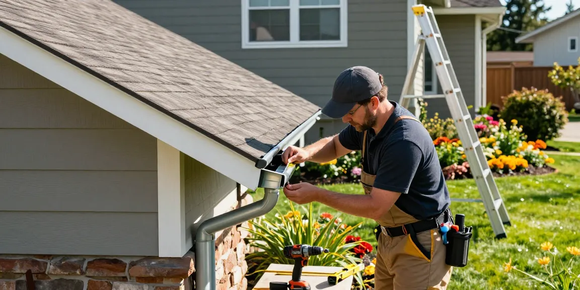 Spokane gutter installation demonstrating a contractor installing seamless gutters on a sunny residential home.