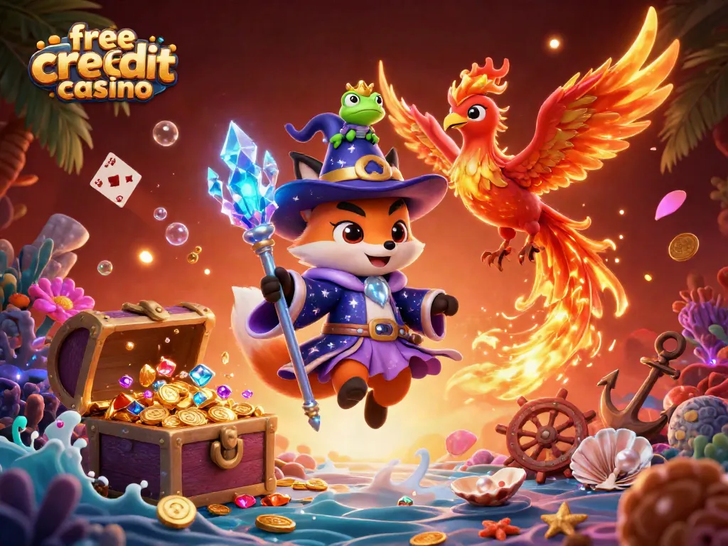 Win big at free credit casino with an enchanting wizard and phoenix in a vibrant treasure-filled scene.