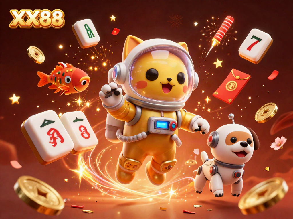 Experience the vibrant energy of XX88 in this dynamic 3D illustration showcasing a playful casino atmosphere.