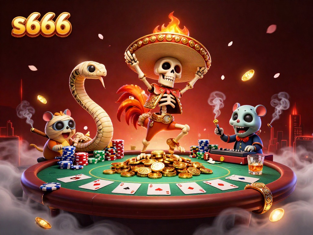 Win big at s666 with vibrant casino characters celebrating over poker chips and cards.