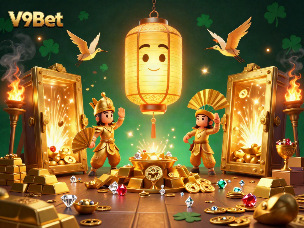 Experience the vibrant energy of V9Bet with a golden lantern spirit and treasure-filled casino scene.