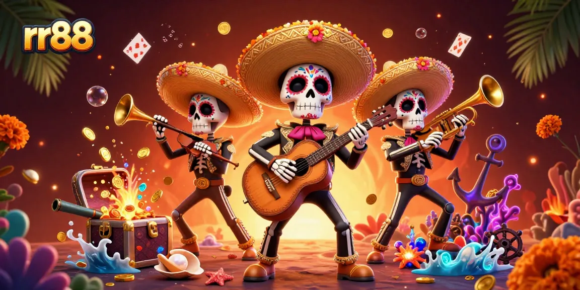 Engage with thrilling gameplay at rr88, featuring a vibrant mariachi band and dazzling treasure illustrations.