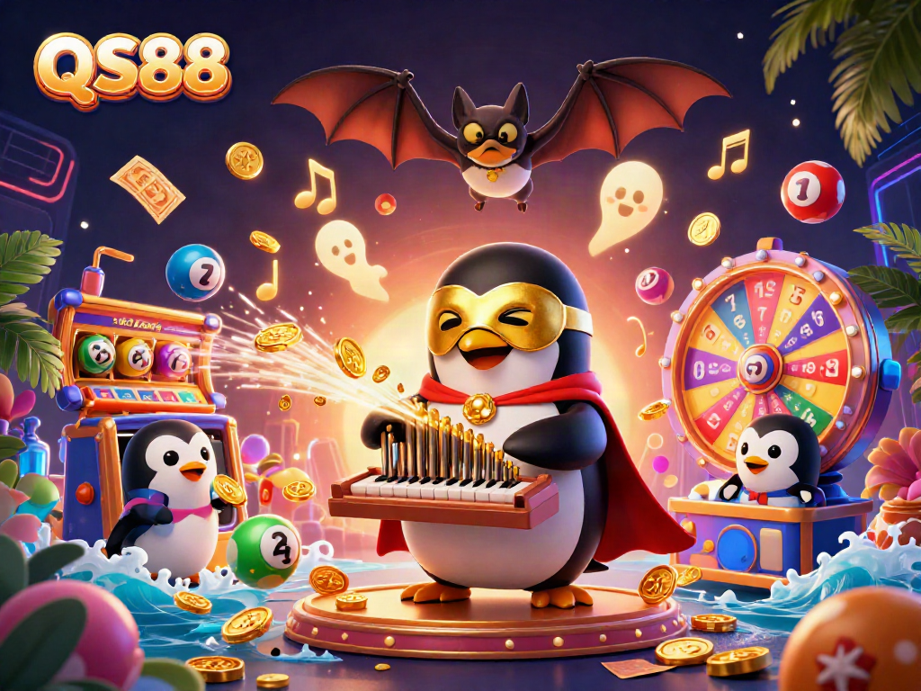 Experience excitement with QS88 as a phantom penguin orchestrates a cascade of golden coins in a vibrant casino.