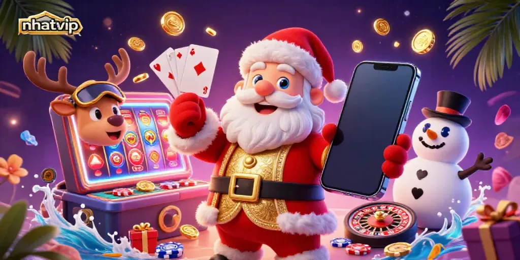 Nhatvip showcases a festive casino scene with a cheerful Santa, reindeer dealer, and poker chip snowman.