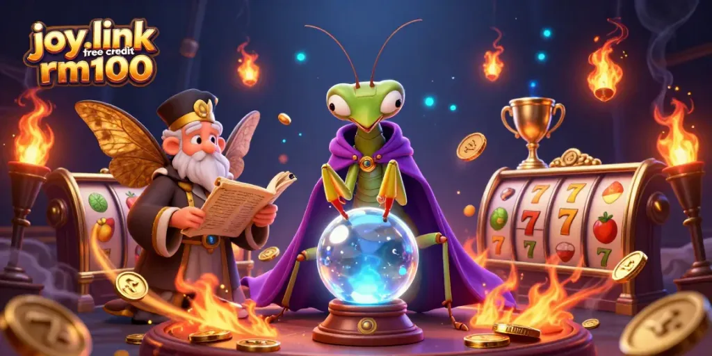 Claim joy.link free credit rm100 with a vibrant casino-themed illustration showcasing exciting slot game elements.