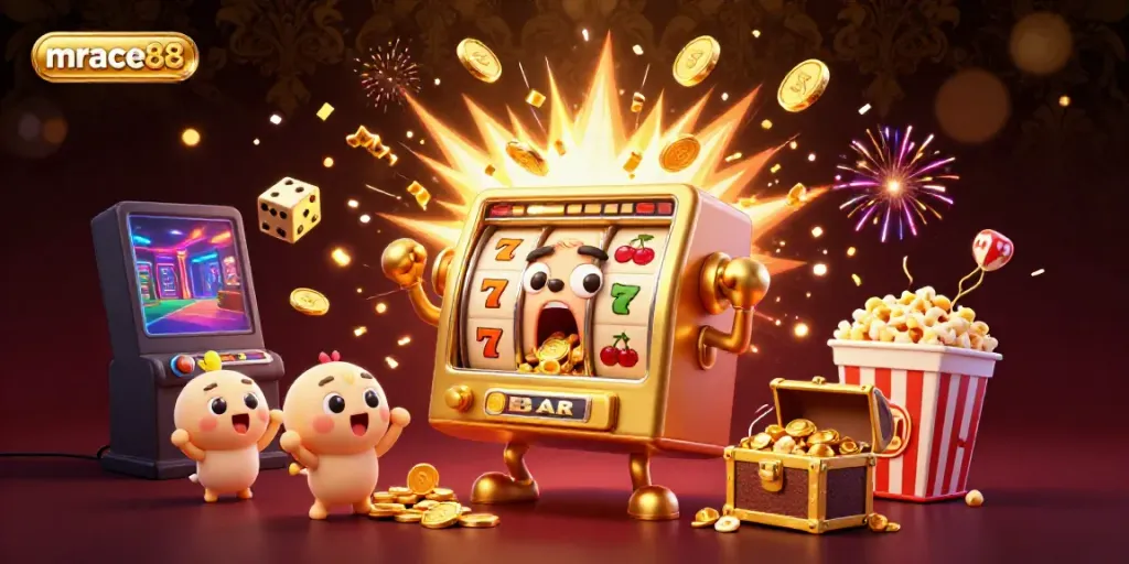 Experience the thrill of mrace88 with a golden slot machine hitting a jackpot and coins exploding.