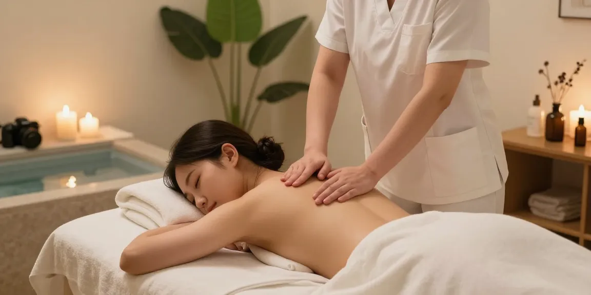 판교출장안마 expert providing a soothing massage in a tranquil spa environment with warm lighting and calming decor.