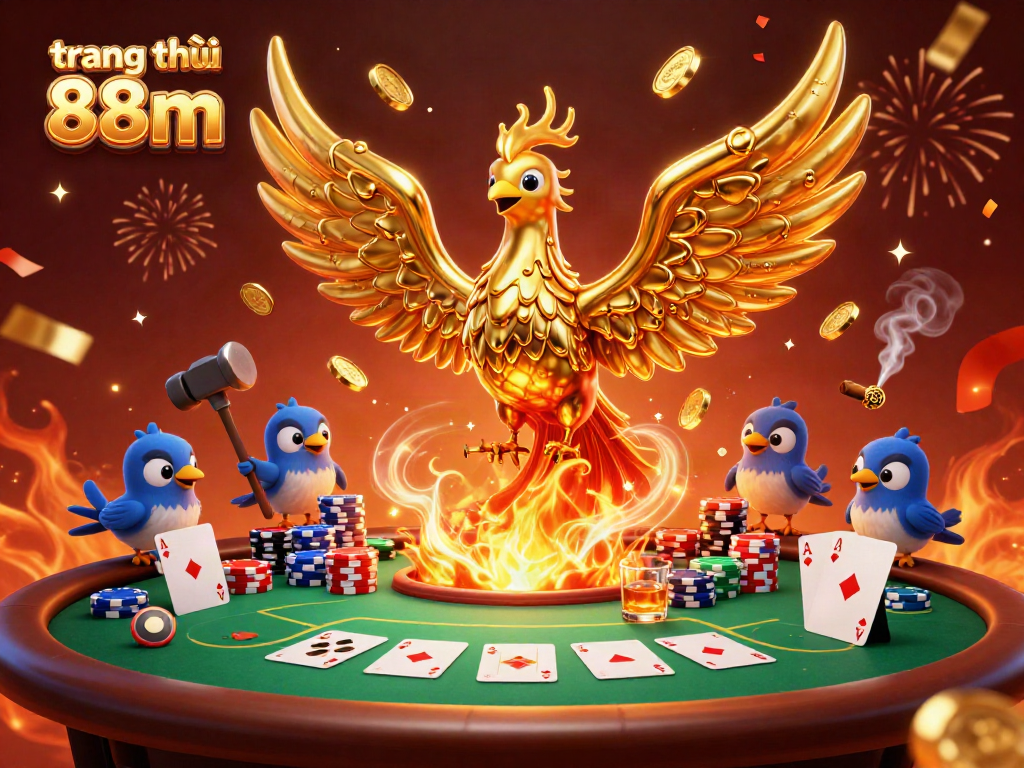 Join the excitement at trang chủ 88m with golden phoenix rising amidst poker chips and celebratory effects!