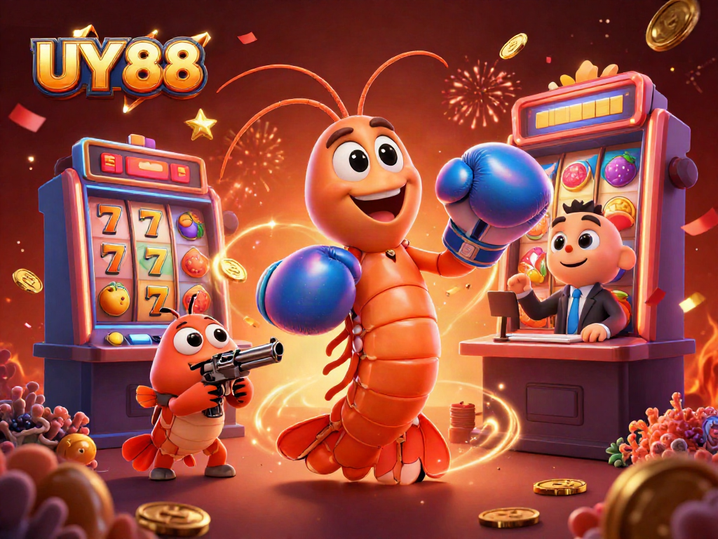 Experience thrilling wins at UY 88 with cartoon characters celebrating around a vibrant slot machine.