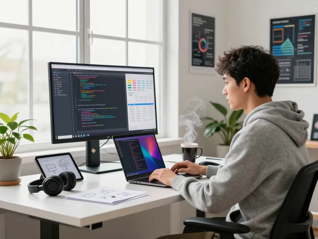 Developer using Clawdbot AI on laptop in a modern workspace.