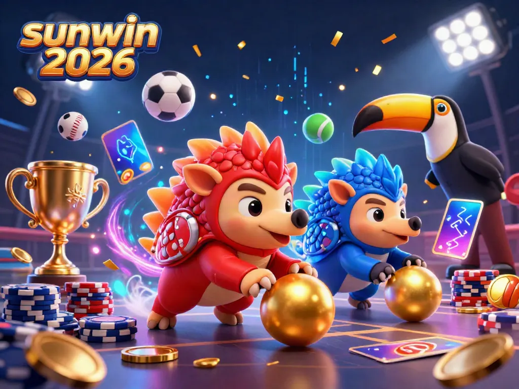 Experience the excitement of sunwin 2026 with 3D pangolins battling among poker chips and sports elements.