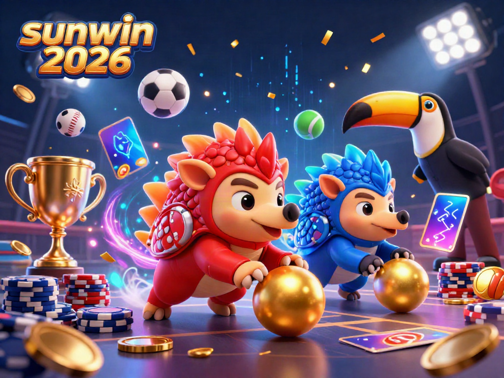 Experience the excitement of sunwin 2026 with 3D pangolins battling among poker chips and sports elements.