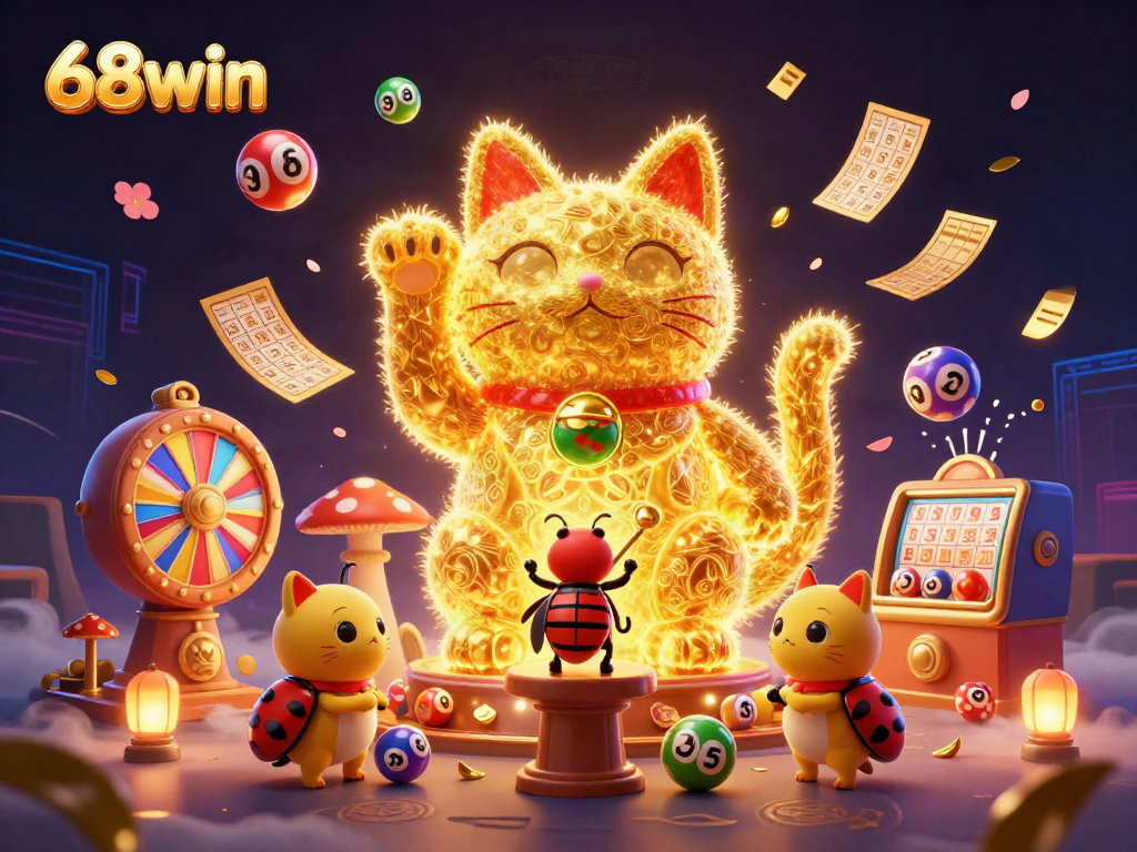 Engage with the vibrant casino world of 68win, featuring a lucky cat symbol and colorful game elements.