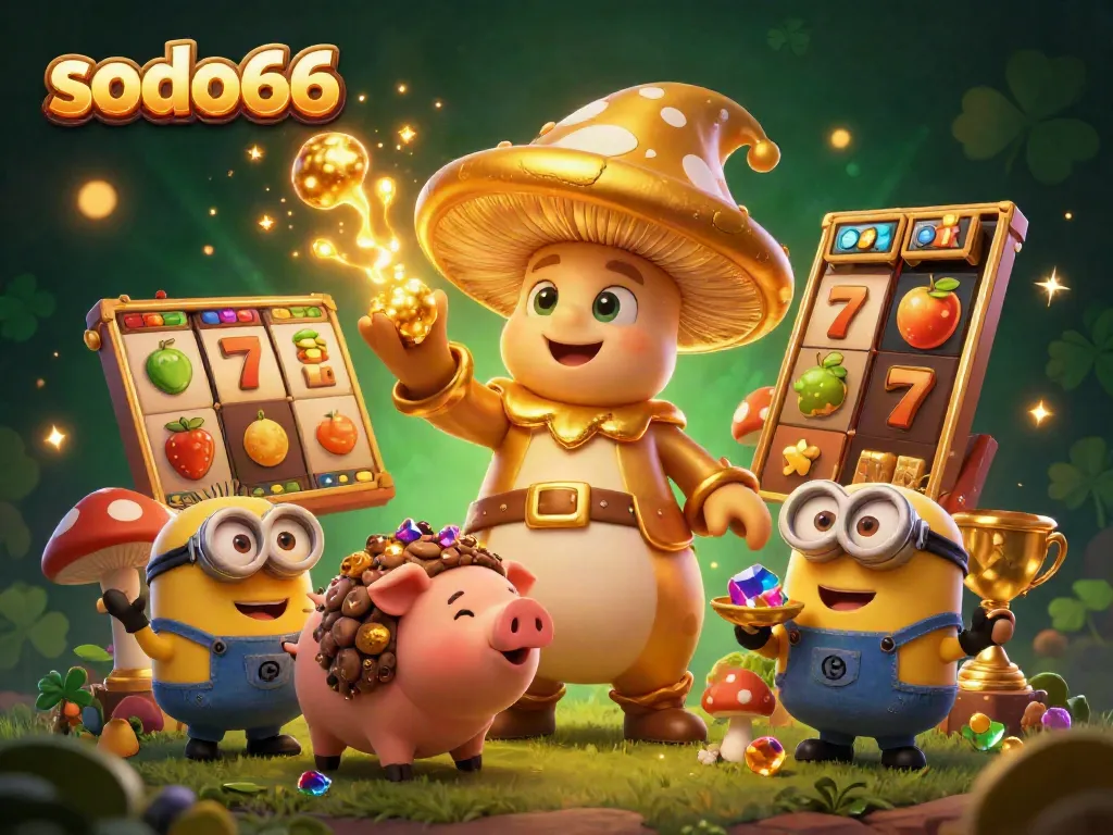 Experience the magic of sodo66 with an enchanting 3D casino scene showcasing a golden mushroom wizard.