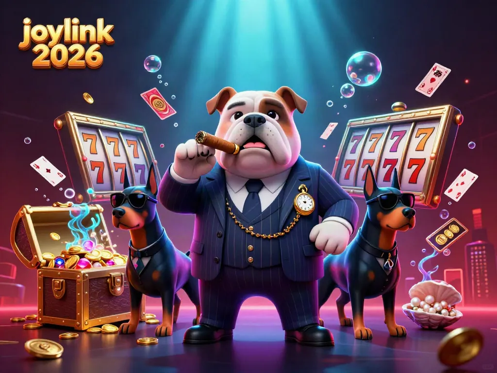 Experience the excitement of joylink 2026 with a dynamic casino illustration featuring cartoon characters amidst swirling slot reels and treasures.
