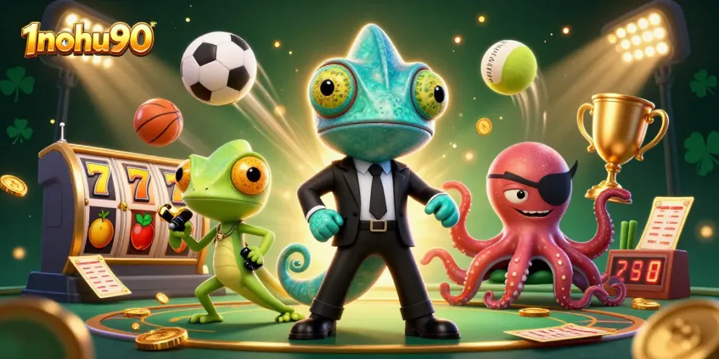 Experience 1nohu90's thrilling slots and jackpots with a dynamic casino scene featuring animated characters.