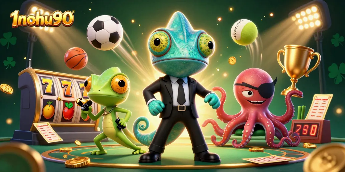Experience 1nohu90's thrilling slots and jackpots with a dynamic casino scene featuring animated characters.