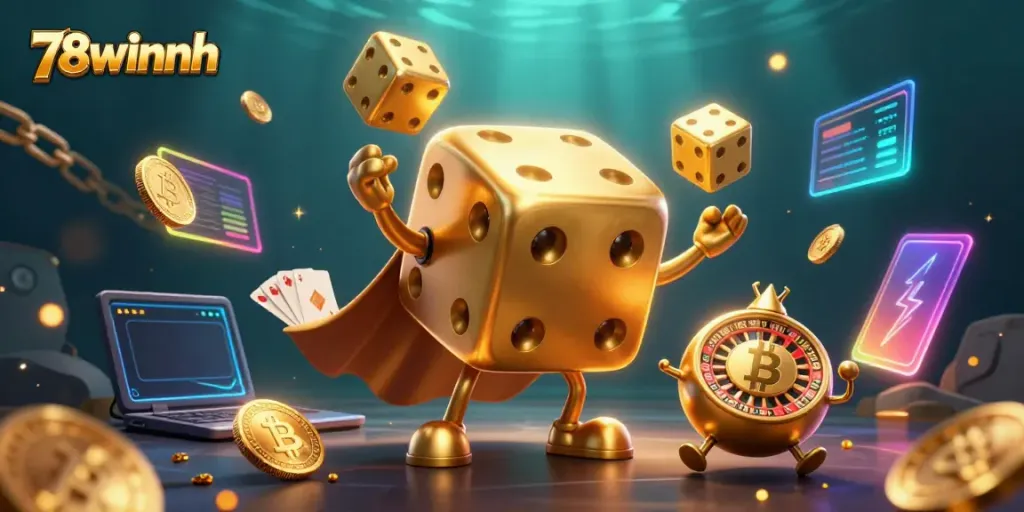 Experience the thrill of 78winnh with a dynamic 3D scene featuring animated golden dice and cryptocurrency elements.