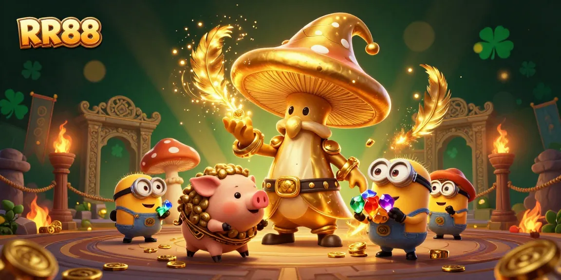 Experience thrilling wins at RR88 with an enchanting scene of a golden mushroom wizard amidst treasures and magic.