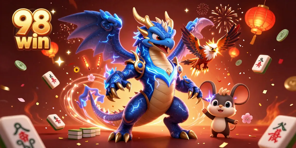 Engage in 98 win gaming with dynamic characters amidst festive 3D casino elements.