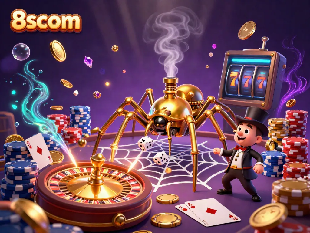 Catch winning moments with 8scom in a vibrant, dynamic casino scene featuring a steampunk spider.
