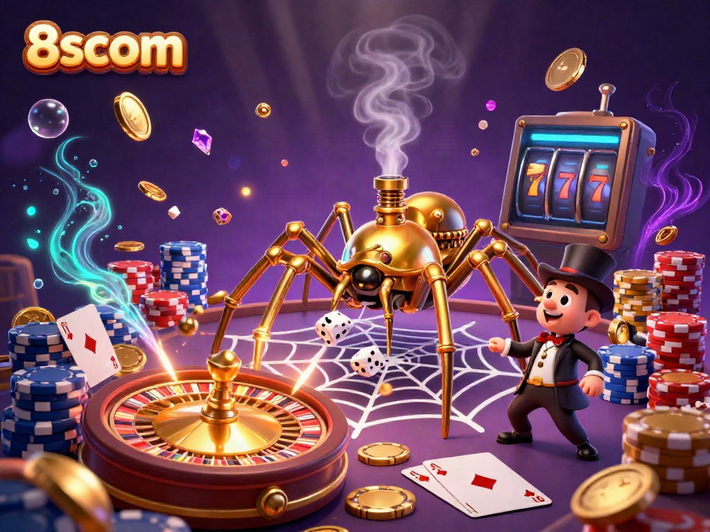 Catch winning moments with 8scom in a vibrant, dynamic casino scene featuring a steampunk spider.