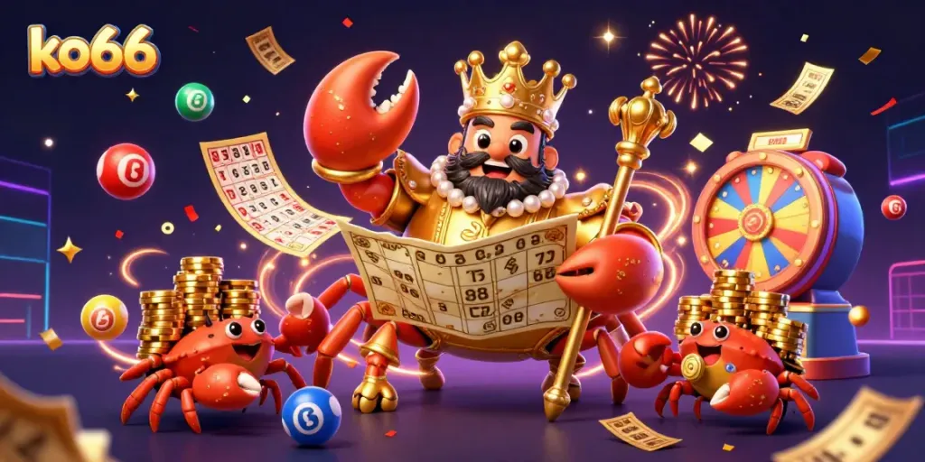Engage with ko66 illustrated scene featuring a golden crab emperor in a vibrant casino backdrop.