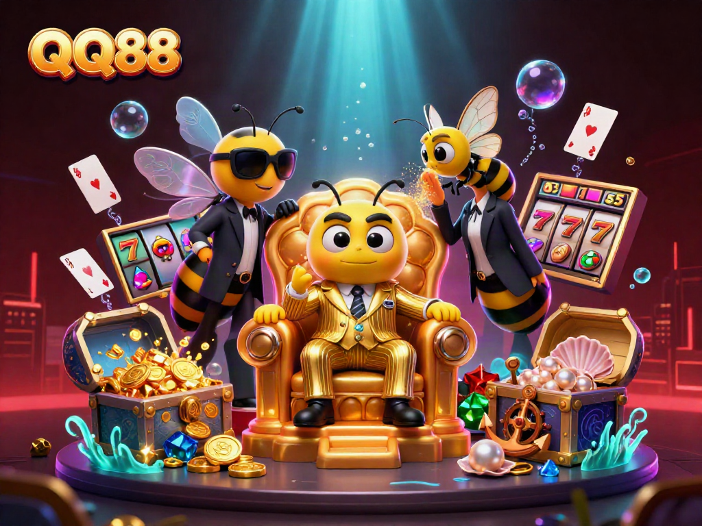 Experience thrilling slots and jackpots with QQ88 in this vibrant 3D casino illustration.