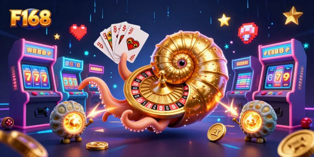 Experience thrilling F168 casino action with a vibrant 3D nautilus mascot spinning the roulette wheel.
