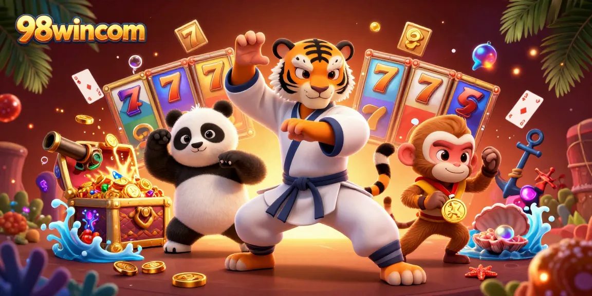 Experience the excitement of 98wincom with cartoon characters celebrating big wins among vibrant slot machines.