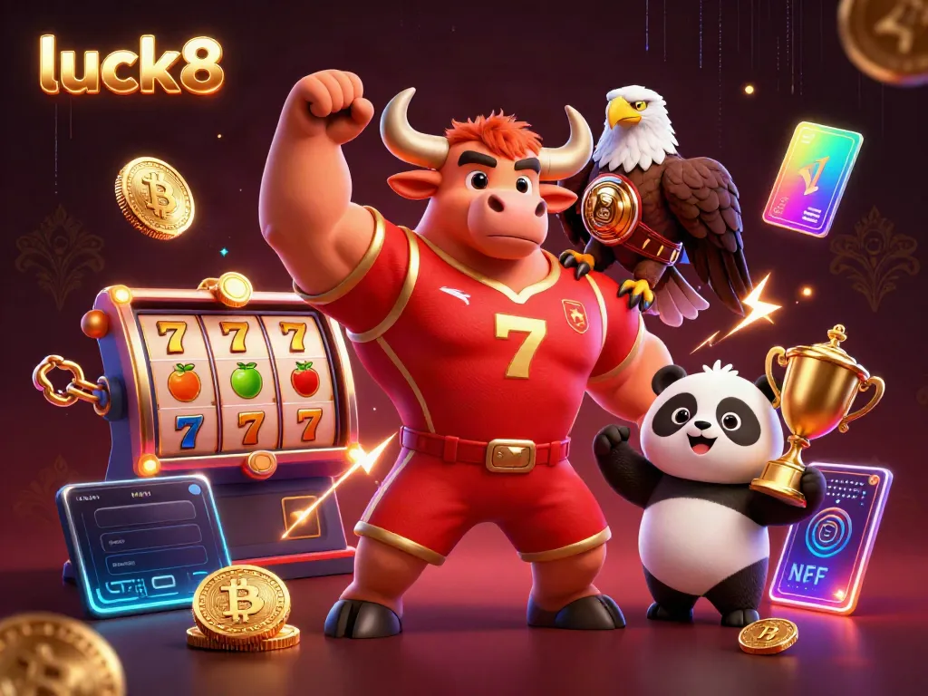 Experience thrilling slots and jackpots with luck8 in this vibrant 3D casino scene featuring a bull mascot, eagle, and panda!