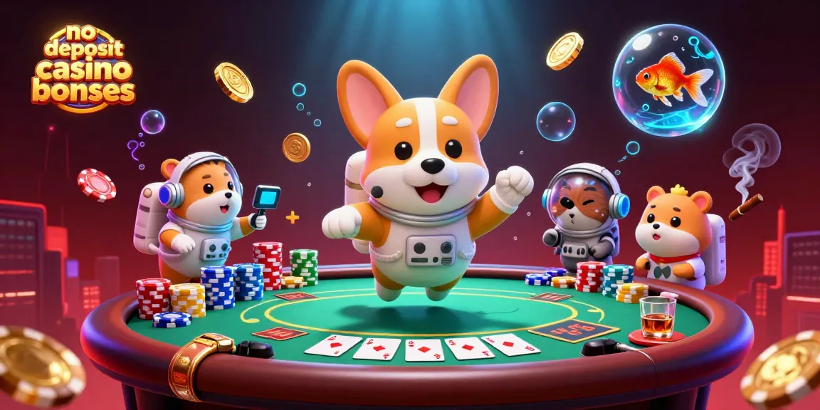 No deposit casino bonuses represented by cartoon elements floating in a vibrant space-themed casino.