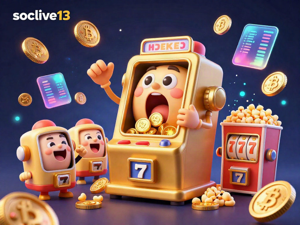Socolive13 slot machine wins jackpot, coins pouring out, cartoon scene celebrating gaming excitement.