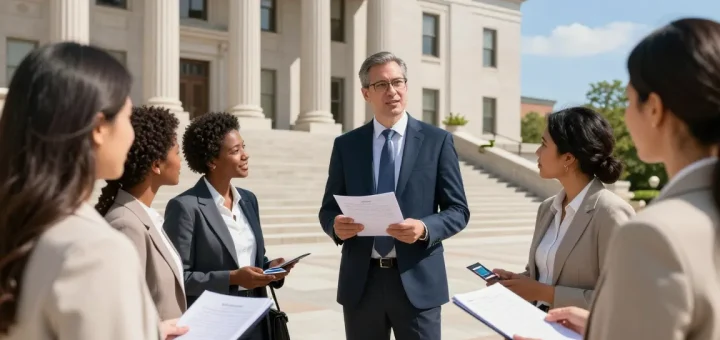 Lawyer consulting clients outside a historic courthouse, showcasing legal expertise and support.