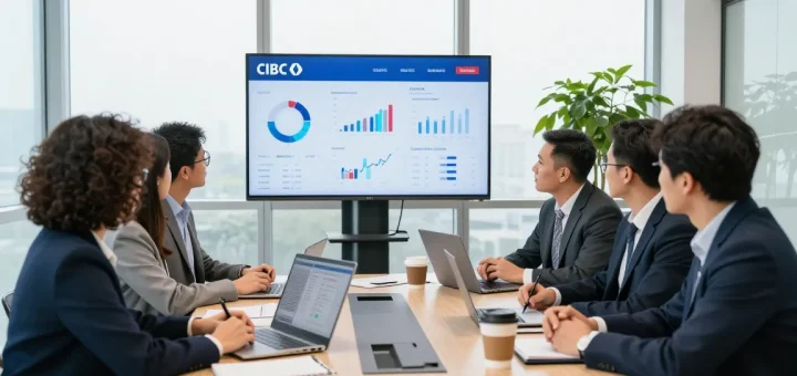 Équipe se réunissant pour discuter des solutions bancaires CIBC dans un environnement professionnel moderne.